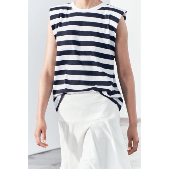 Zara Cotton Striped Shoulder Pad Top T-Shirt - Picture 2 of 8